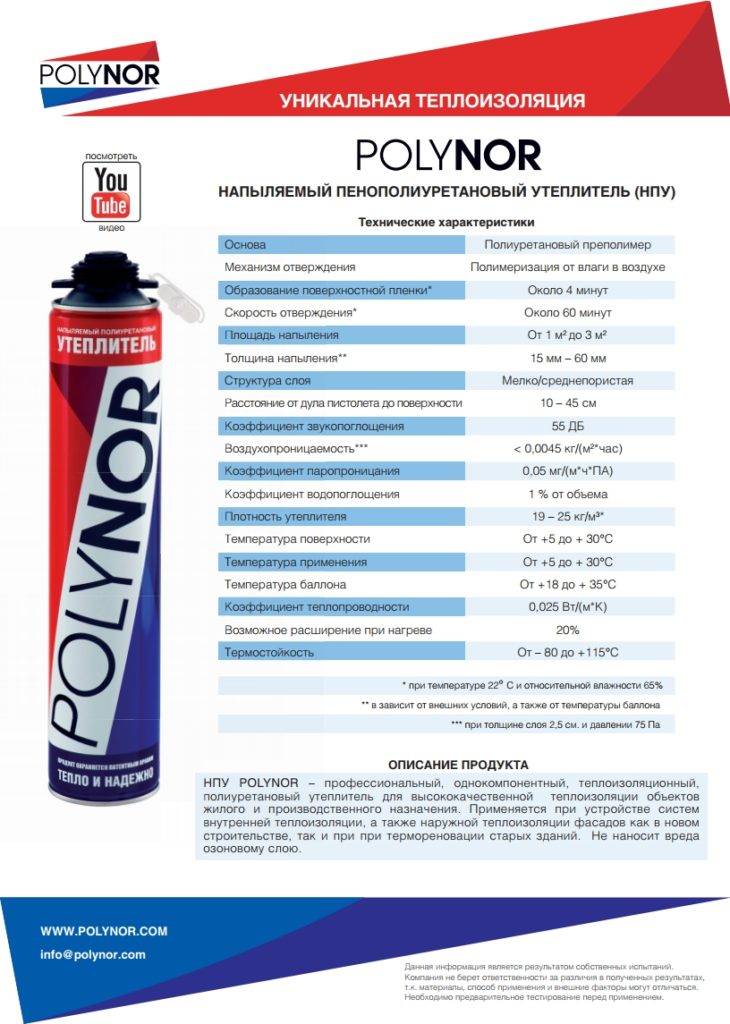 Технические характеристики утеплителя Полинор: расход полиуретановой пены на 1м2