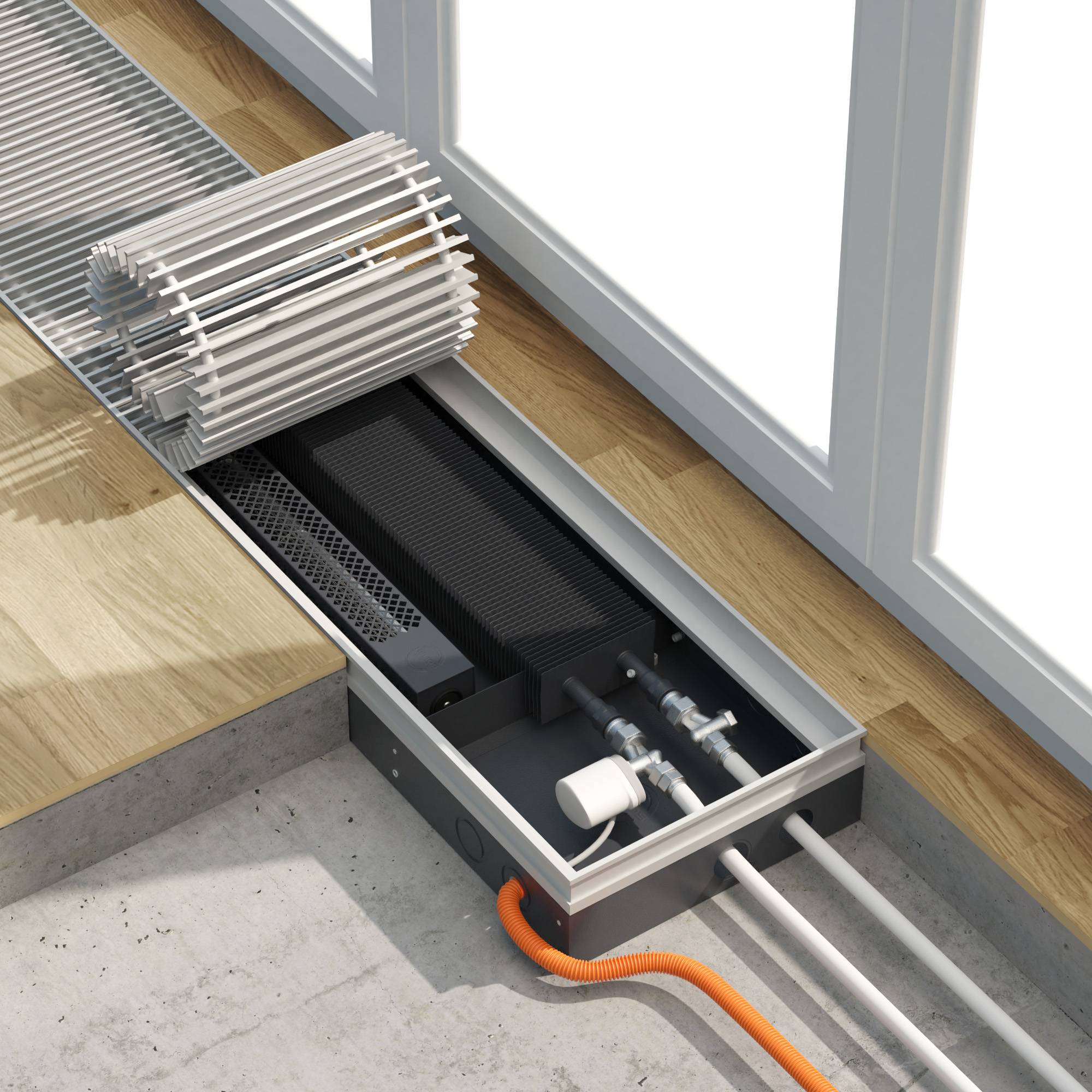 Батареи в полу: напольные встраиваемые радиаторы отопления, внутрипольные приборы, встроенные под окном